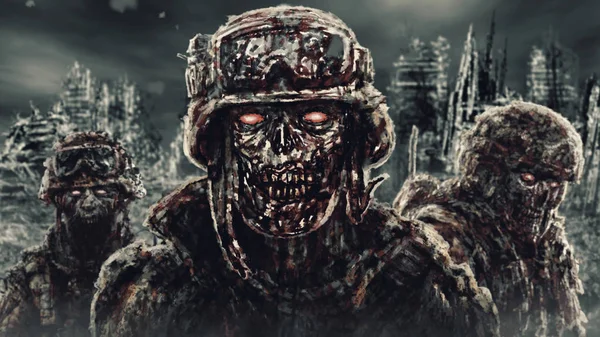 Evil zombie soldiers against the background of ruined city. — Stock Photo, Image