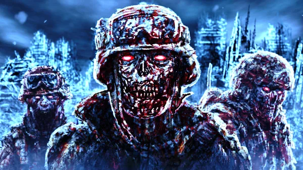 Evil zombie soldiers against the background of ruined city. — Stock Photo, Image