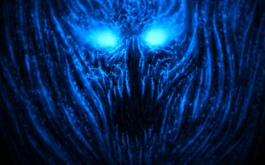 Angry devil with sparkling eyes. Blue background color. clipart