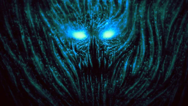 Wütender Teufel mit funkelnden Augen. blaue Hintergrundfarbe. — Stockfoto