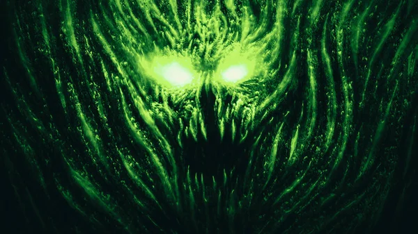 Ужасный демон с горящими глазами из ада. Зеленый цвет фона . — стоковое фото