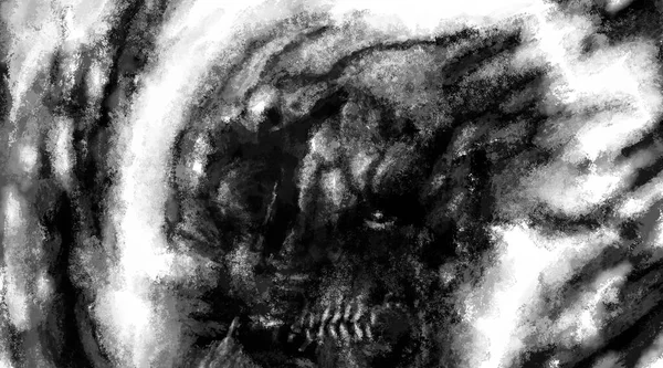 Ijesztő Szörnyfej Fekete Fehér Illusztráció Horror Fantasy Műfaj Szén Zaj — Stock Fotó