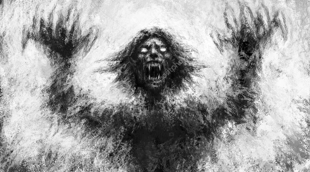 Scary screaming zombie attacking with hands up. Terrible illustration on black and white color background. Horror genre with coal and noise effect. Freehand digital drawing concept.