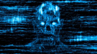 Evil neon skull abstraction from horizontal lines and noise. Blue background color. Illustration in genre of horror. clipart