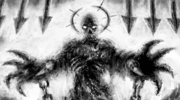 Ijesztő Szörnytámadás Fekete Fehér Illusztráció Horror Fantasy Műfaj Szén Zaj — Stock Fotó