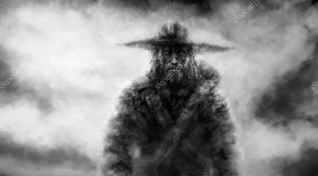 Strange traveler in a big hat. Male character walking in the fog. Black and white illustration. Horror fantasy genre with coal and noise effect.