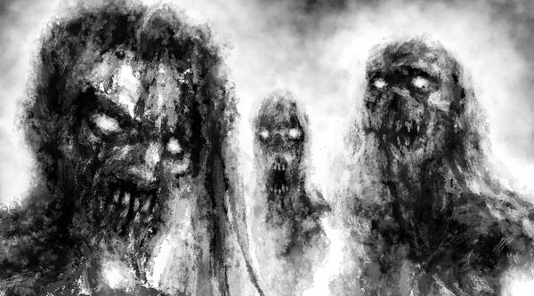 Scary demonic zombies with glowing eyes. Illustration in horror fantasy genre with grainy appearance effect. Black and white background.