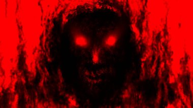 Scary demonic monk head in hood. Illustration in genre of horror. Black and red background color. Spooky nightmares image. Gloomy character concept. Fantasy drawing for Halloween. Coal and ink effects clipart