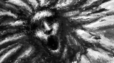 Illustration of scary woman face. Black and white horror genre picture. Spooky image of beast from nightmares. Gloomy character concept. Fantasy drawing for creepy Halloween. Coal and noise effects. clipart