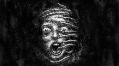 Illustration of scared woman with tentacles on her face. Black and white horror genre picture. Spooky nightmares image. Gloomy character concept. Fantasy drawing for Halloween. Coal and noise effects. clipart