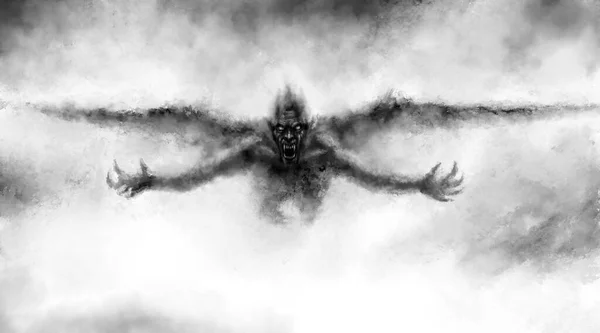 翼を持つ恐ろしい飛行吸血鬼のイラスト 不気味なハロウィーンのためのファンタジー図面 黒と白のホラージャンルの写真 悪夢からの獣の恐ろしい顔 接ぎ木 石炭および騒音効果 — ストック写真