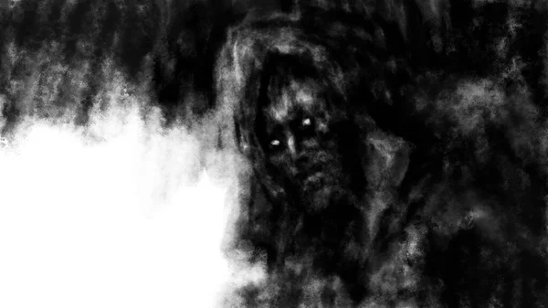 出口の洞窟でフードの恐ろしい人間の顔 人は暗闇から光に出てくる ホラーファンタジージャンルの黒と白のイラスト 石炭と騒音効果 ハロウィンの悪夢からの悲観的なキャラクター ストック画像