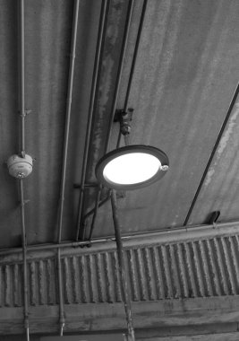 Tavandaki lamba armatürünün siyah beyaz görüntüsü.