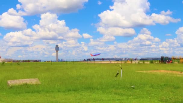 Hartsfield Jackson International Airport Uitzicht Een Opstijgend Vliegtuig — Stockvideo