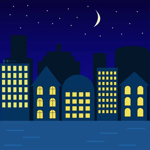 Nacht Stadtgebäude Und Sternenhimmel Vektorillustration — Stockvektor