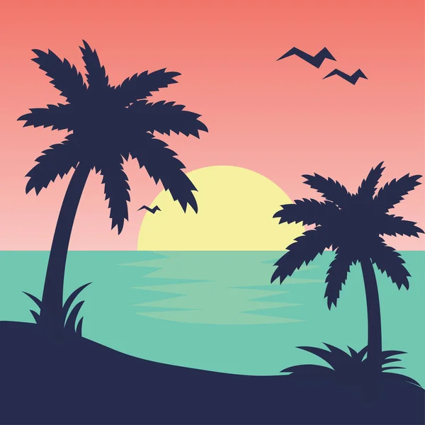 Sonnenuntergang Tropenstrand Palmen Vektorillustration — Stockvektor