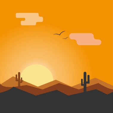  background of landscape with desert and cactus. Sunset on a background of a mountain landscape. Vector graphic.