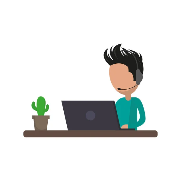 Young Man Working Laptop Using Headset Call Center Vector Llustration — Stockvektor