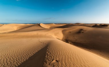 Gün batımında Maspaloma 'nın kumullarından Playa del Ingls' in görüntüsü. Yerde, rüzgar olukları çizer (Gran Canaria). seyahat fotoğrafçılığı. manzara