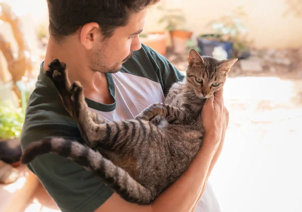 Junger Mann Hält Eine Grau Gestromte Katze Arm Und Schaut — Stockfoto