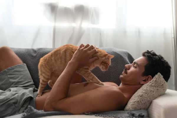 Brun Tabby Katt Går Bröstet Ung Man Liggande Soffa Mannen — Stockfoto