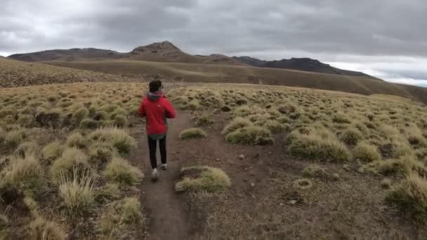 Domuyo 草原的草原景观中漫步的女子 Altiplain 的场景 Geisers 的一条热河 向山谷前进 安第斯山脉在内乌肯省 巴塔哥尼亚阿根廷 多云冷天 — 图库视频影像