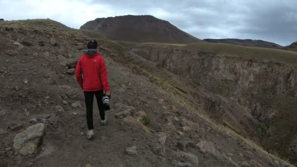 女人走在她的手与大 Refelx 站在一个巨大的山谷与 Covunco 热河与 Geisers Domuyo 草原景观 Altiplane 内乌肯省 — 图库视频影像