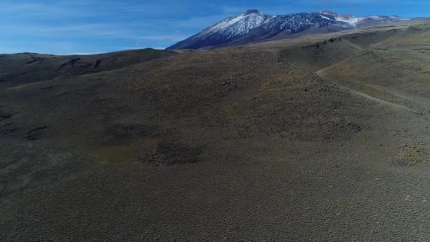 空中无人机场景草原 内乌肯省 巴塔哥尼亚 Tromen 火山山与雪和床熔岩在背景 国家公园 摄像机向上移动 孤独的王尔德景观 — 图库视频影像