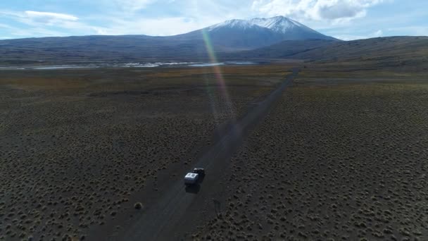 Van Trailer Motorhome Steppe Patagonia Argentina Riding Gravel Lonely Road — Stock Video