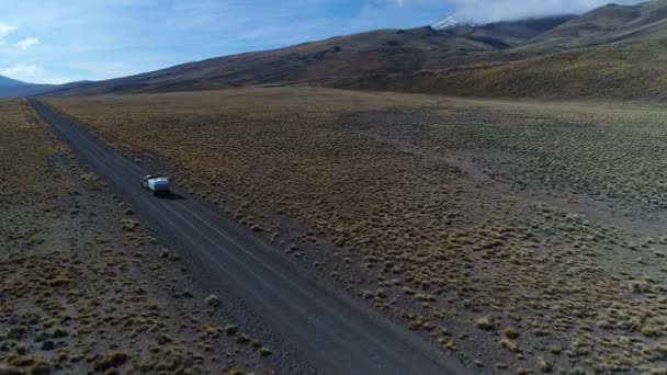 砂利の孤独な道に乗ってバンおよびトレーラー キャンピングカー パタゴニア 背景にワイリーの山と Tromen Tromen 火山国立公園 転送の追跡車の移動空中ドローン シーン — ストック動画