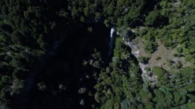 Hava dron sahne dağları ve ağaçları Piedra Mala, Paimun Gölü, Neuquen, Patagonia, Arjantin, Milli Parkı Lanin, güneşli bir günde yaz. Üstten görünüm.