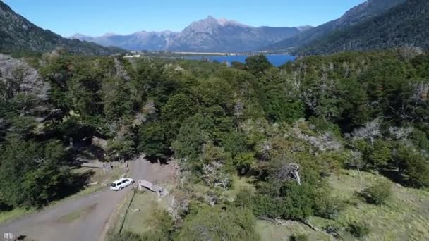 Aerial Drone Scene Mountains Trees Cerro Los Angeles Paimun Lake — Stock Video