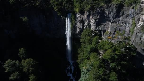 Dron Aéreo Escena Montañas Árboles Cascada Saltillo Neuquén Patagonia Argentina — Vídeos de Stock