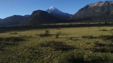 Hava dron sahne dağlar, ağaçlar ve estepa, ileri Lanin yanardağ, Neuquen, Patagonia, Arjantin için hareketli kamera