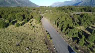 Hava dron sahne dağlar, ağaçlar ve günbatımı güneş Ray, bozkır, geriye doğru hareket kamera bir toprak yol, Neuquen, Patagonia, Arjantin atmak