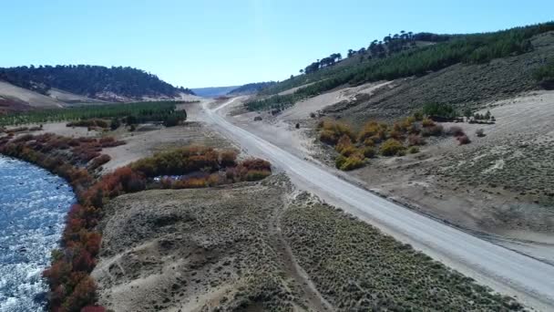 Escena Aérea Del Dron Del Río Litran Carretera Grava Vegetación — Vídeo de stock
