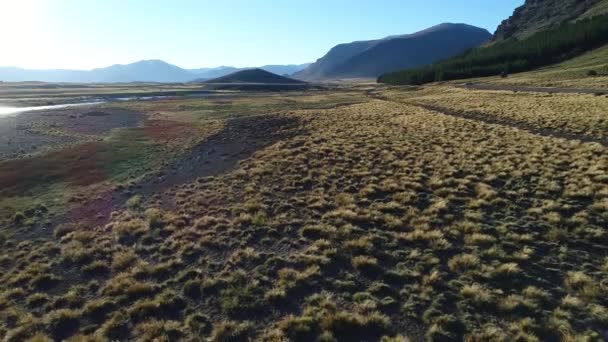 Cena Drones Aéreos Estepe Rio Nahueve Neuquen Patagônia Argentina Hora — Vídeo de Stock