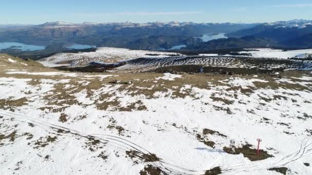 Aerial Drone Scene Snowy Batea Mahuida Volcano Villa Pehuenia Camera — Stock Video