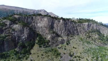 Araucarias, dağlar ve rcok duvar, rock yatay hava dron sahne. Solda hareketli kamera. Neuquen, Patagonia, Arjantin.