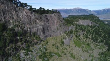 Bir taş duvar ağaçlar, araucarias üst, dağlar ve Pulmari Gölü arkasında, Neuquen, Patagonia, Arjantin hava dron sahne. Sonbahar güneşli bir günde, yukarı ve ileri hareketli kamera.