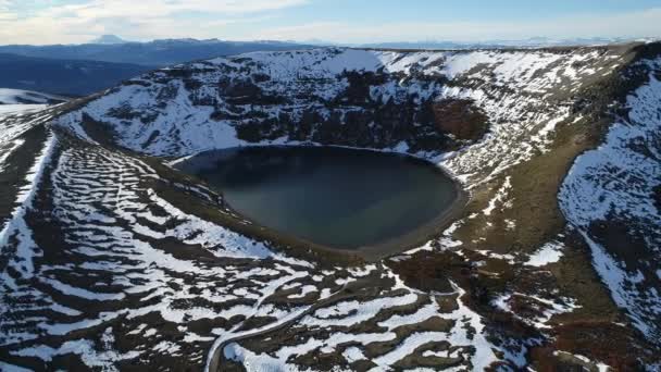 Aerial Drone Scene Snowy Batea Mahuida Volcano Villa Pehuenia Camera — Stock Video