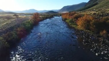 Bozkır, sonbahar, Güz ve Nahueve Nehri Kuzey neuquen, Patagonya Arjantin hava dron sahne. Günbatımı, altın saat. İlerlemeye van nehrin yanında otopark römork ile kamera.