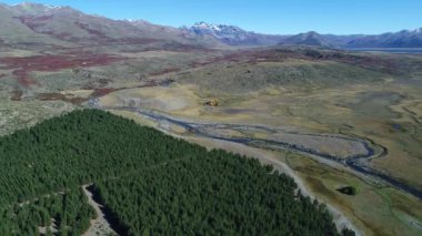Bozkır, Nahueve nehir ve Epu Lauquen göller Kuzey neuquen, Patagonya Arjantin hava dron sahne. Kamera hareket alanları küçük bir evde iletir. ağaçlandırma, çam ekimi