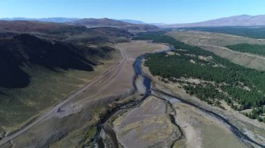 Estepa ve Nahueve Nehri Kuzey neuquen, Patagonya Arjantin hava dron sahne. Kamera hareketli güneşli günde iletir. ağaçlandırma, çam ekimi için ticari ahşap. Çakıl yol