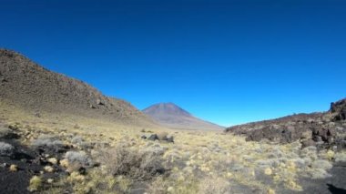Stabilize kamera hareketi üzerinde La Payunia Ulusal Park, Malarge, Cuyo, Mendoza, Arjantin yana doğru gidiyor. Arka plan ve yollar lav sağ Payun Liso yanardağ.