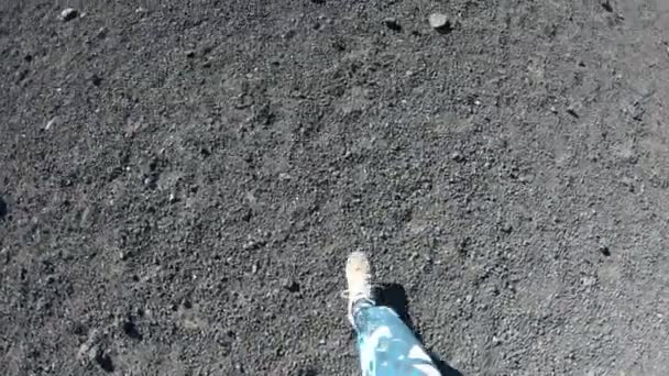 Top View Womans Legs Walking Black Volcanic Rocks Ground Stretch — Stock Video