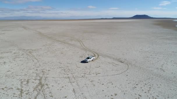 阿根廷门多萨 Malargue Llancanelo 泻湖空中无人机现场 面包车停车场和白色干咸岸上地面 摄像头在车上移动背景火山 — 图库视频影像