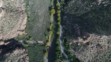 Atuel nehir kanyonun San Rafael, Mendoza Cuyo Arjantin hava dron sahne üstten görünüm. Kamera hareket iletir. Willows ağaçlar ve Nehri yanındaki sokak. Derma kayalar.