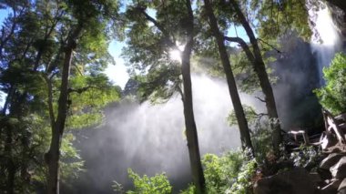 El Saltillo şelale. Kamera kalır, hala su Şelalesi süre ve su buharı yükselir. Arka ışık ve flare ağaçlar arasında. Lanin Milli Parkı. Paimun Gölü'nün çevresi. Patagonya
