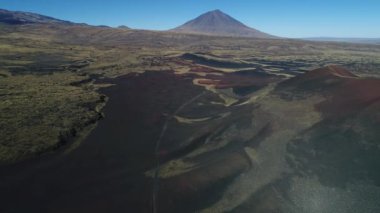 Hava dron sahne olan La Payunia Milli parkta Malargue, Mendoza. Pampa Negras siyah ile kırmızı zemin volkan ve altın otlar desen kayalar. Arka plan üzerinde Payun Liso volkan. Çakıl yol.